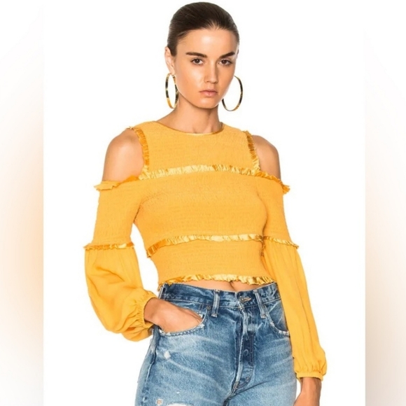 cinq a sept Tops - Cinq A Sept Pascal Golden Yellow Cold Shoulder Crop Blouse XS 100% Silk